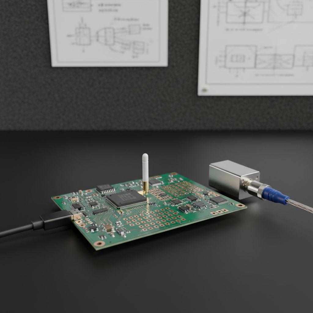 A close-up, photographic-realistic view of an IoT prototype board designed for wireless connectivity testing, resting on a pristine matte-black desk. The green PCB features intricate copper traces, a prominent RF module with a tiny ceramic antenna, an array of test pads, and neatly aligned surface-mount components. A USB-C cable snakes into frame, while a calibrated RF coaxial cable connects to a compact metal test fixture. Soft, directional lighting from the upper left creates gentle highlights on solder joints and metal connectors, casting refined shadows that emphasize depth. In the blurred background, out-of-focus RF diagrams and annotated schematics are pinned to a dark foam board. The composition uses rule of thirds, conveying precision, focus, and analytical problem-solving for demanding consulting missions.