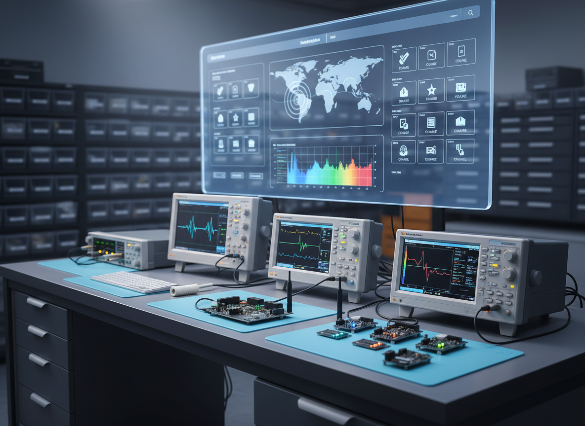 A sleek, future-ready electronics consulting workspace focused on wireless connectivity and IoT devices, with a central, meticulously organized lab bench covered in high-end test equipment. Precision oscilloscopes, spectrum analyzers, RF signal generators, and neatly labeled development boards with glowing status LEDs are arranged on anti-static mats. Behind them, a large wall-mounted screen displays a clean dashboard of signal graphs, coverage maps, and device health metrics. Cool, even studio lighting mimics soft daylight, creating crisp reflections on brushed metal surfaces and matte-black enclosures. Photographic realism at eye level, with shallow depth of field subtly blurring a background of orderly storage racks and component drawers, evoking a professional, highly competent, and quietly intense engineering atmosphere.